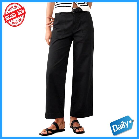 Pants - High Waisted Wide Leg Cropped Pants, Stretch Cotton Blend, Casual Office Wear